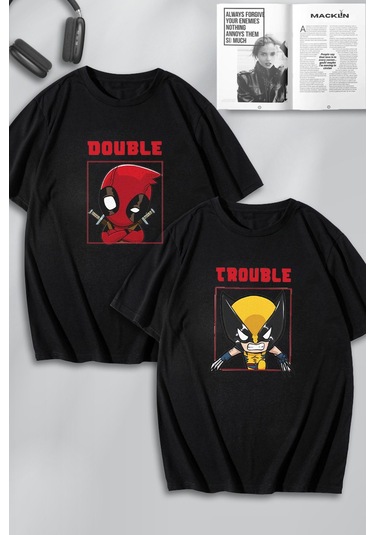 Unisex Erkek Kadın Deadpool Ve Wolverine Baskılı Sevgili Çift Kombini Tasarım Oversize T-shirt 2li Siyah Mck0598 Siyah