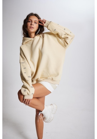 Holly Lolly Oversize Kapüşonlu Unisex Eye Sweat Bej