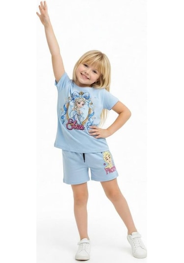 Miniko Kids Kız Çocuk Elsa Modelli Pamul Şortlu Takım Mavi