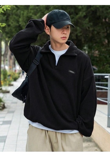Genıus Store Erkek Polar Oversize Sweatshirt Polar Sweatshirt Siyah