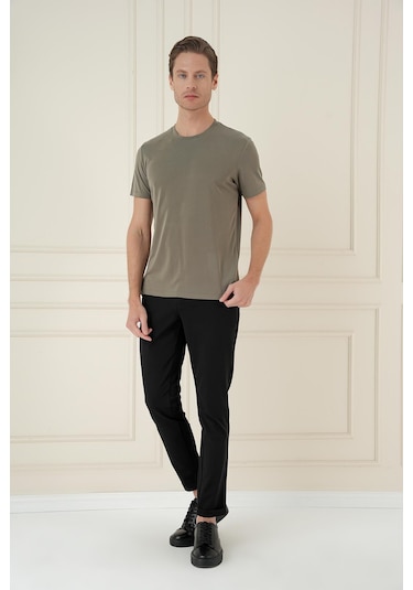 Comfort Fit Bisiklet Yaka Modal Kısa Kol Casual Haki Tişört Ts 895 Haki