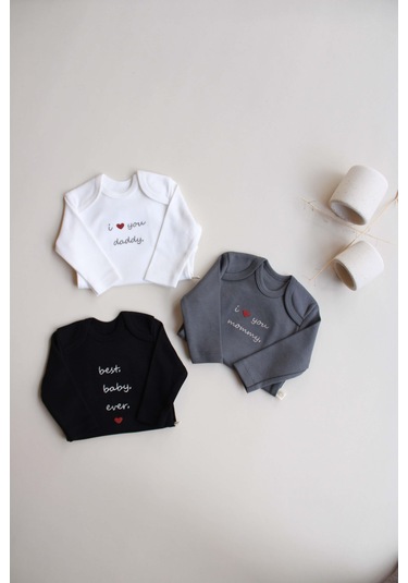 3lü Nakışlı Çıt Çıtlı Uzun Kollu Body Zıbın Set Model 7 Siyah