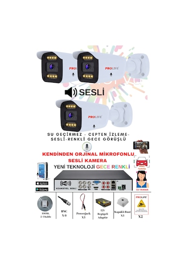 3 Lü Sesli Güvenlik Kamerası 5 Mp Gece Renkli Yüz Ve Araç Tanımalı Full Hd Kamera Sistemi