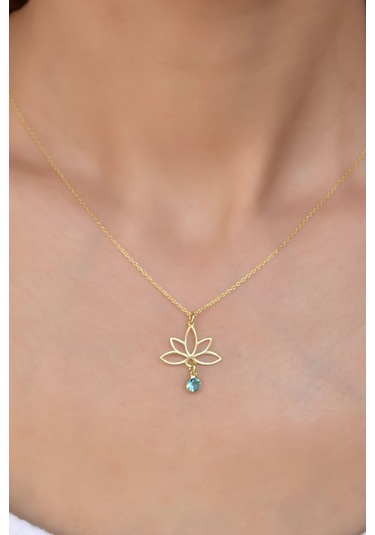 925 Ayar Gümüş Altın Kaplama Lotus Aralık Ayı Doğum Taşı Kolye