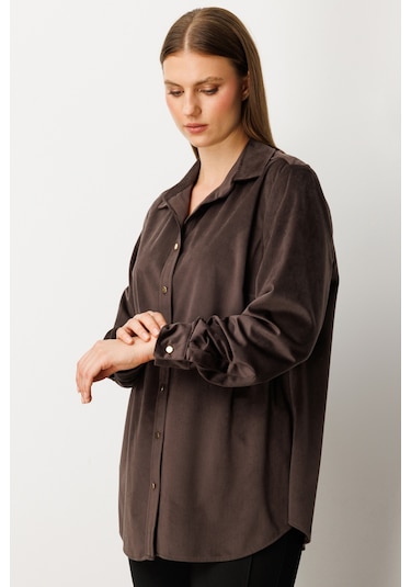 Ekol Kadın Büyük Beden İnce Fitilli Kadife Gömlek 3545 Kahverengi Kahverengi