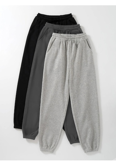 3'lü Basic Düz Eşofman Altı Jogger - Siyah Füme Gri Lastik Paça Yüksel Bel Siyah Füme Gri