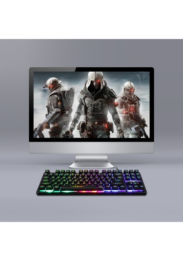 Gk-10 Usb Kablolu Klavye Oyun Klavyesi 87 Tuş Renkli Arka Aydınlatmalı Klavye Ergonomik Oyun Klavyesi Siyah