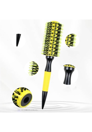 Koodmax Ahşap Saplı Naylon Kıl Saç Şekillendirici Fön Fırçası - Saç Düzleştirici Tarak 4.5cm - Sarı - Siyah