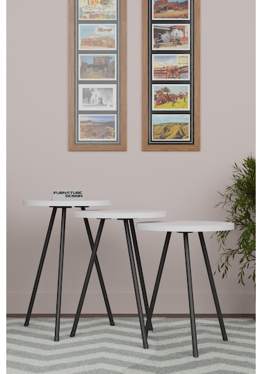 3'lü Zigon Sehpa Seti Metal Ayaklı Yan Sehpa Beyaz