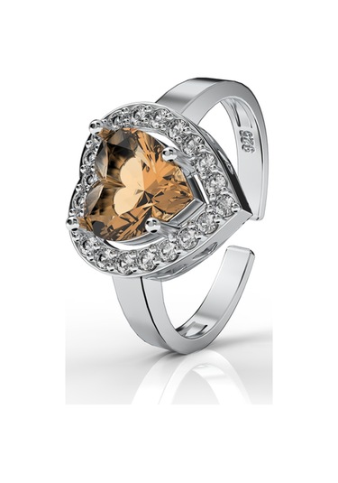 925 Ayar Sitrin Taşlı Rodyum Pırlanta Işıltılı Kalp Ayarlanabilir Gümüş Yüzük Gümüş