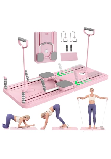 Pilates Aleti Zamanlayıcılı, Direnç Bantlı Çok Amaçlı Egzersiz Tahtası Telefon Tutacaklı Açık Pembe