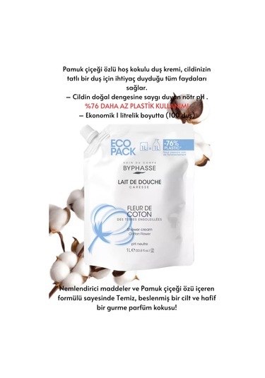 Byphasse Caresse Pamuk Çiçeği Özlü Kremli Duş Jeli Ekonomik Yeniden Dolum Paketi 1 L