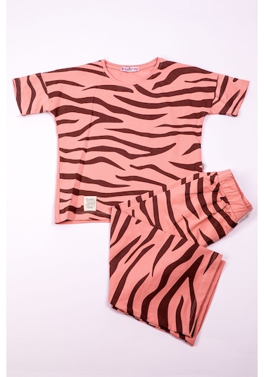 Kız Çocuk Kaprili Takım Zebra Baskılı A83 Gülkurusu