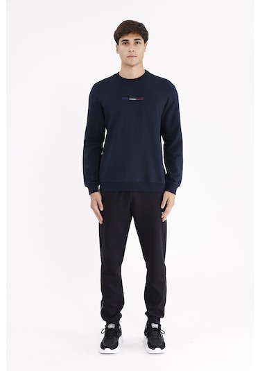 Rowinger Minimal Göğüs İşlemeli Rahat Kalıp Esnek Manşetli Mevsimlik Bisiklet Yaka Sweatshirt Navyblue