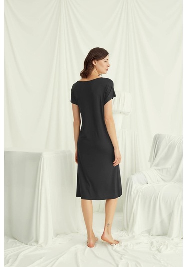 Monamise 18497 Kadın V Yaka Kısa Kollu Gecelik-siyah Siyah