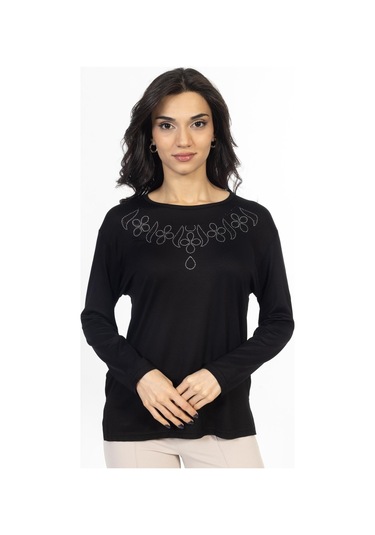 Yeni Model Taş İşlemeli Yuvarlak Yaka Likralı Anne Penye Bluz 6435-siyah