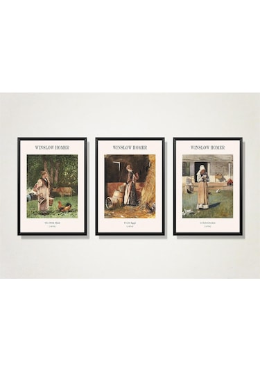 Winslow Homer Çiftlik Kızları Üçlü Çerçeveli Mdf Tablo Seti-174302