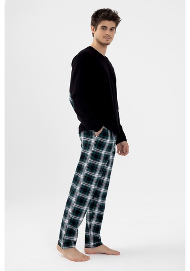 Erkek Pamuklu Uzun Kollu Yamalı Ekose Desenli Pijama Takımı Ko60104 Yeşil