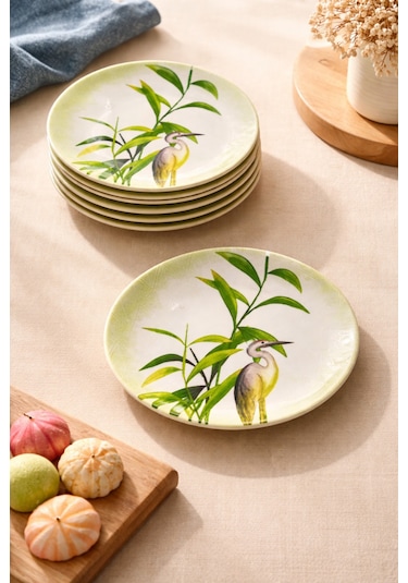 Grandora Bambu & Turna Desenli 20 Cm, 6 Lı Set Pasta Tabağı Dekoratif Sunum, Pasta, Tatlı Servis Tabağı Yeşil