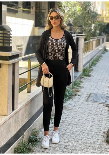 Modasize Kadın Uzun Kollukrep Üçlü Takım Siyah