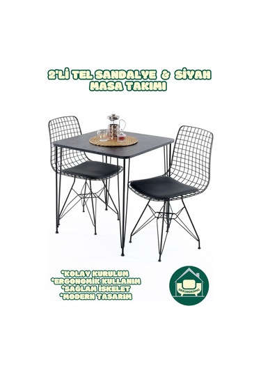Siyah 70x70 Cm Masa Tel Sandalyeli Masa Takımı