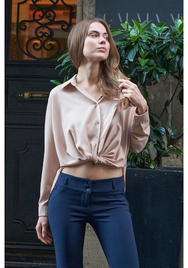 Yakalı Önü Pileli Uzun Kol Likrasız Şık Kumaş Gömlek-Kum Beji Kum Beji