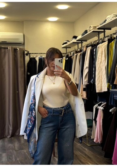Beli Kemer Detay Bol Paça Kadın Jean Mavi
