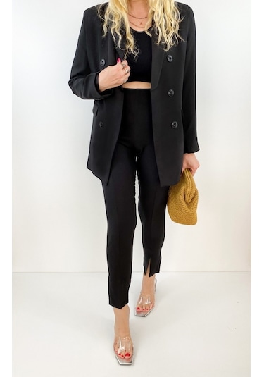 Modaonna Kadın Siyah Oversize Blazer Ceket Siyah