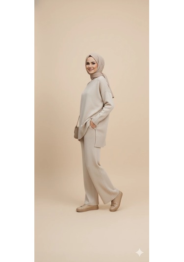 Triko Tunik Pantolon Tesettür Takım Taş