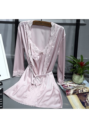 Sones 2'si 1 Arada Kadın Dantel İpek Askılı Gecelik + Hırka Gecelik Takımı Lotus Pembesi Pembe