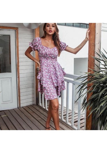 Aboe Diz Kısa Puf Kollu Kadın İlkbahar Yaz Elbisesi A-line Slash Boyun Yüksek Bel İnce Basamaklı Fırfır Çiçek Baskı S-xl Mavi