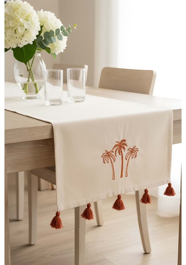 Palmiye Nakışlı Buldan Kumaş Runner 50x130 Cm Krem