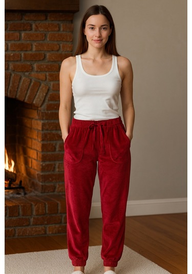 Kadın Paçası Lastikli Cep Detaylı Kadife Kumaş Tek Alt 503 Bordo Bordo