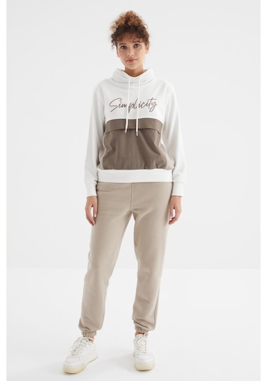 Tommy Life Koyu Bej Yüksek Bel Şardonlu 3 İplik Pamuklu Basic Kadın Eşofman Alt - 94624 Koyu Bej