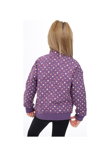 Toontoy Kız Çocuk Dik Yaka Fermuarlı Cepli Düşük Omuz Baskılı Örme Hırka - 2 İplik Şardonlu Mor