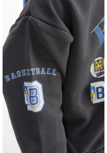 Erkek Çocuk Baskılı Kapşonlu Eşofman Takımı Koyu Gri