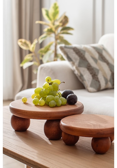 Halohope 2'li Set El Yapımı Ahşap Top Ayaklı Sunum Standı Tabağı