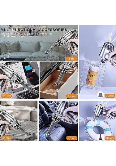 Novahub Kablosuz 3'ü 1 Arada Araç El Süpürgesi - 12000pa Emiş, 2 Modlu Temizleme, Üfleme Fonksiyonlu Gri