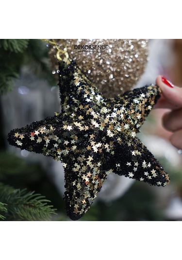Yılbaşı Süsü Pullu Yıldız Siyah Altın 15 Cm