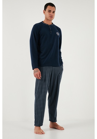 Buratti Ekoseli Yumuşak Dokulu Regular Fit Uzun Kollu Erkek Pijama Takımı 609611030 Lacivert-Gri