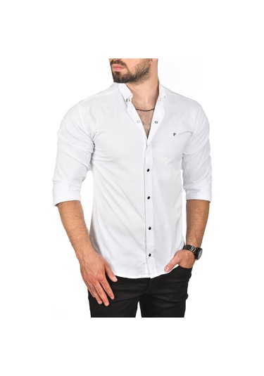 Deepsea Erkek Beyaz Çıt Çıt Düğmeli Örme Kumaş Dar Kesim Likralı Gömlek 2300413 Beyaz