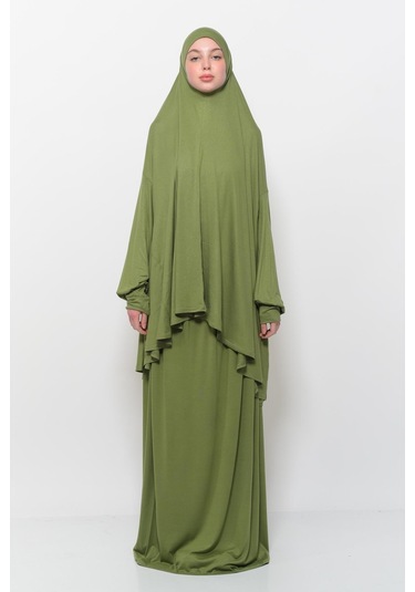 Pratik 2 Parça Pamuklu Yarasa Kollu Başörtülü Tesettür Namaz Elbisesi Fıstık Yeşili Antrasit