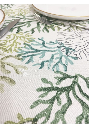 Sıvı Geçirmez Dertsiz Masa Örtüsü Yeşil Mercan Desenli