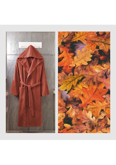 2 Li Kapşonlu Unisex Banyo Bornozu Seti %100 Soft Pamuklu Antasit-kiremit