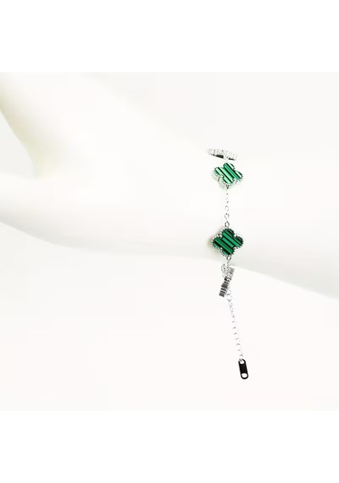 Çelik Bileklik Dört Yapraklı Küçük Yonca Yeşil Çizgili Sedef Taşlı Uzunluk 18 Cm Gümüş Gümüş