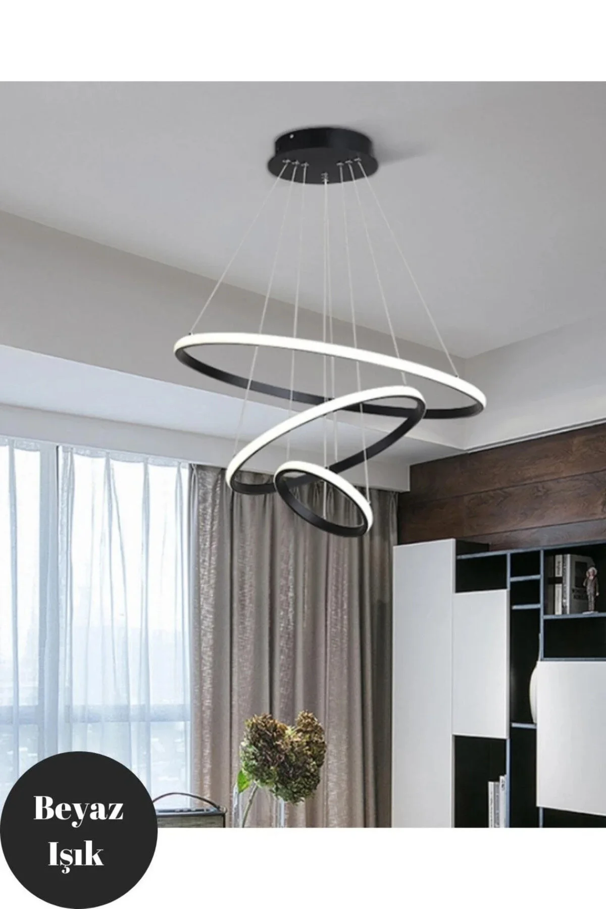 Siyah Kasa 3'lü Halka Ultra Süper Beyaz Ledli Modern Avize Beyaz