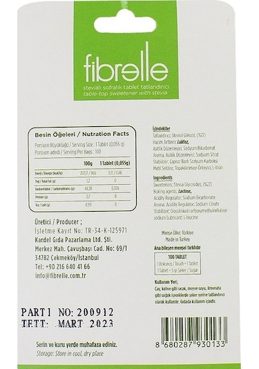 Fibrelle Stevialı Tatlandırıcı 100 Tablet