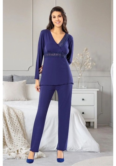 Faal 8613 Kadın Uzun Kollu Dantel Detaylı V Yaka Pijama Takımı-lacivert Lacivert