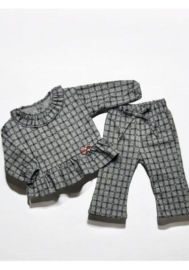 Kız Bebek Kareli Bebek Yaka Örme Pantolonlu Takım-14882 Gri