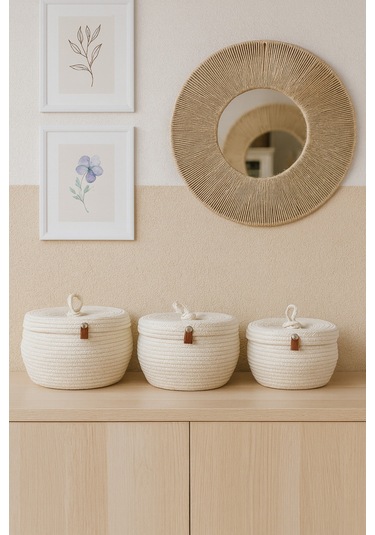 Safari 3'lü Kapaklı Bombeli Hasır Görünümlü Jüt Sepet Krem